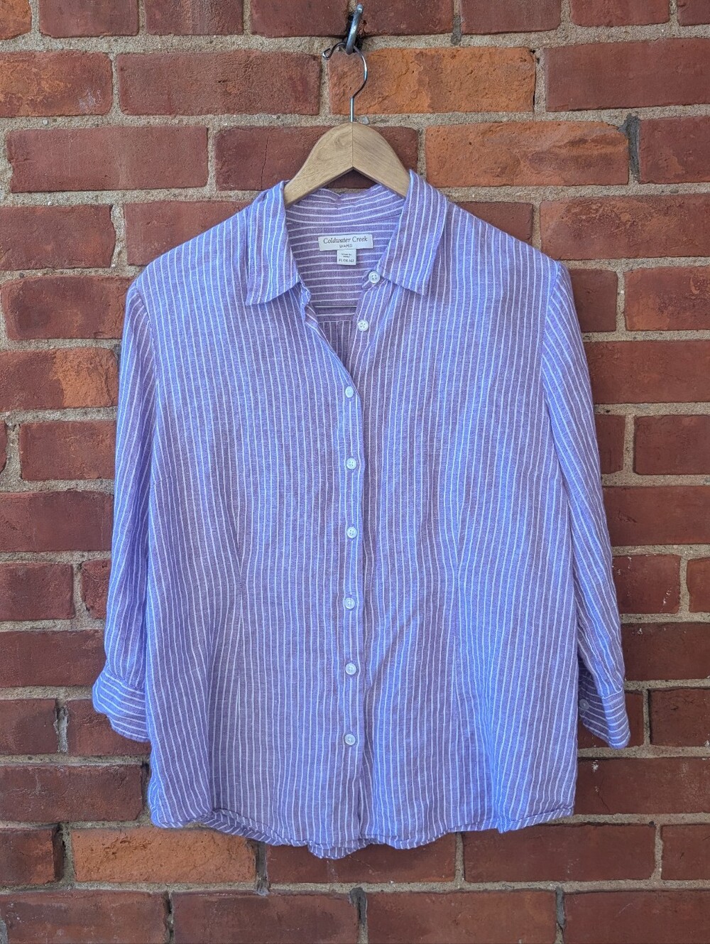 Coldwater Creek 100% Linen Lavender White Striped Button Front Shirt